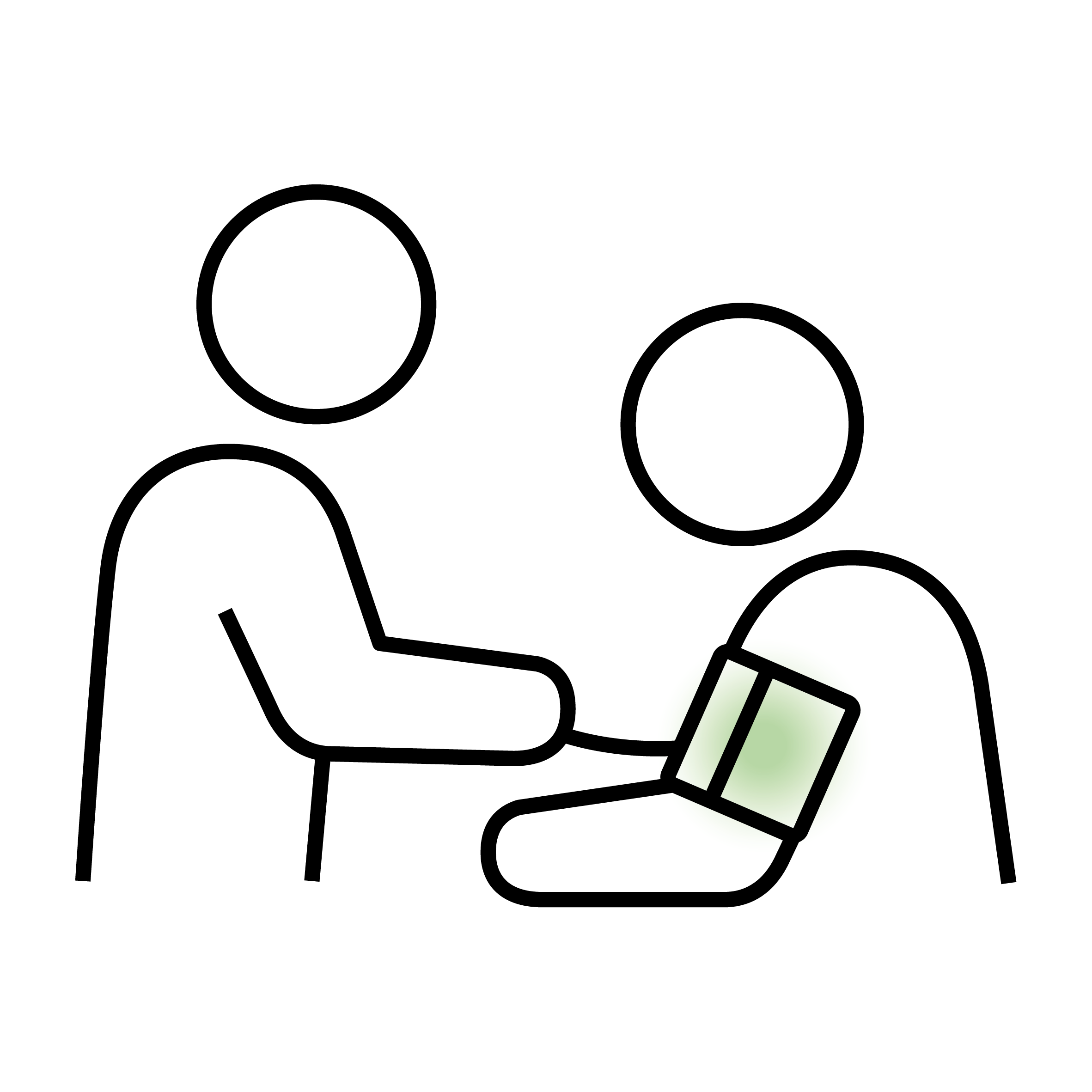 Two stylised people in conversation, one pointing at a laptop screen.