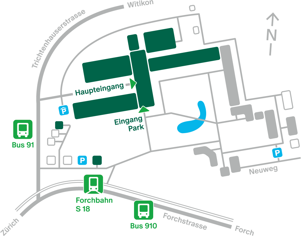 Wegweiser-Karte mit Haupteingang, Parkzugang, Parkplätzen und öffentlichen Verkehrsmitteln.