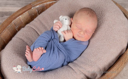 Schlafendes Neugeborenes in blauer Wickeldecke mit Kuscheltier.