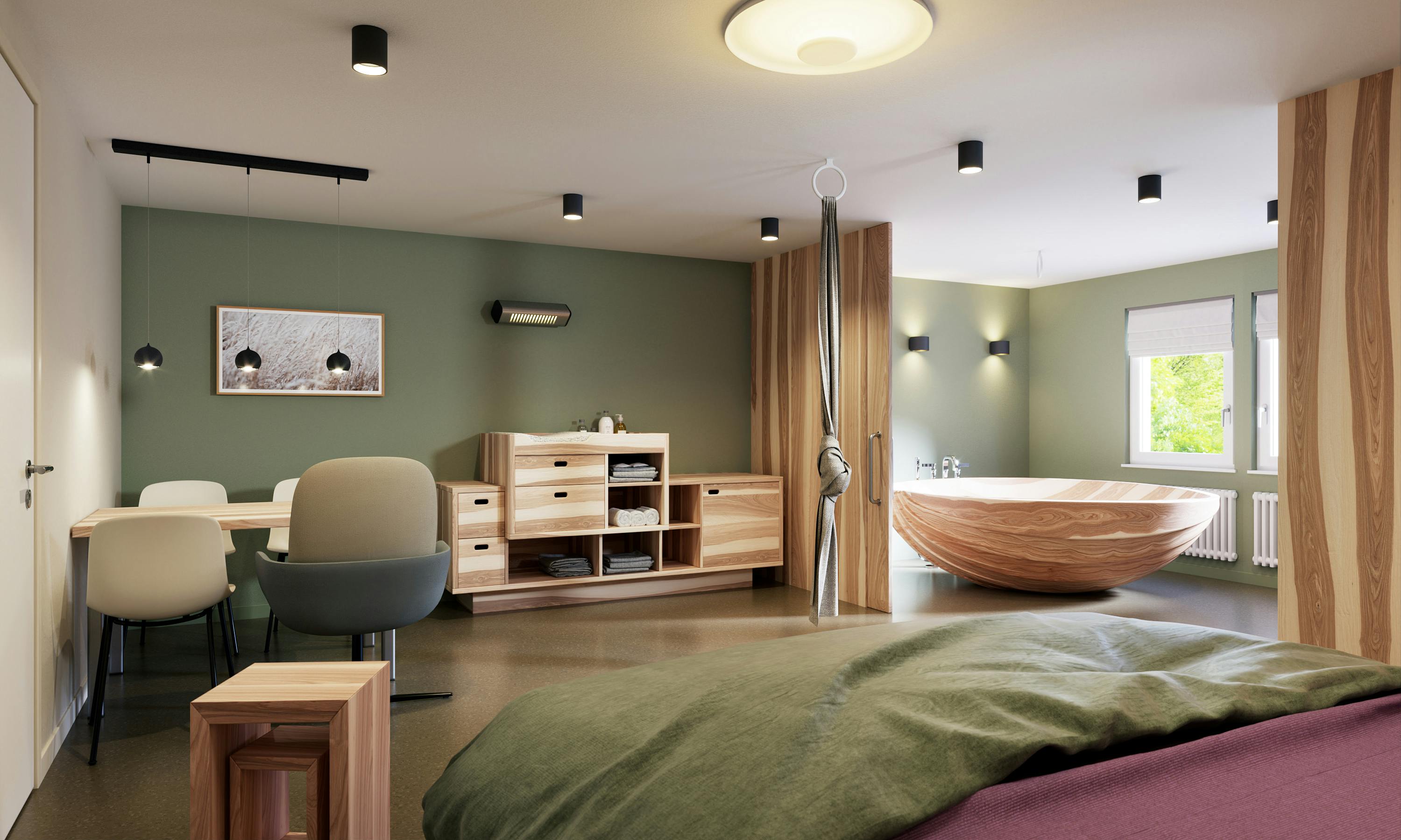 Modernes Schlafzimmer mit Holzmöbeln und angeschlossenem Badezimmer.